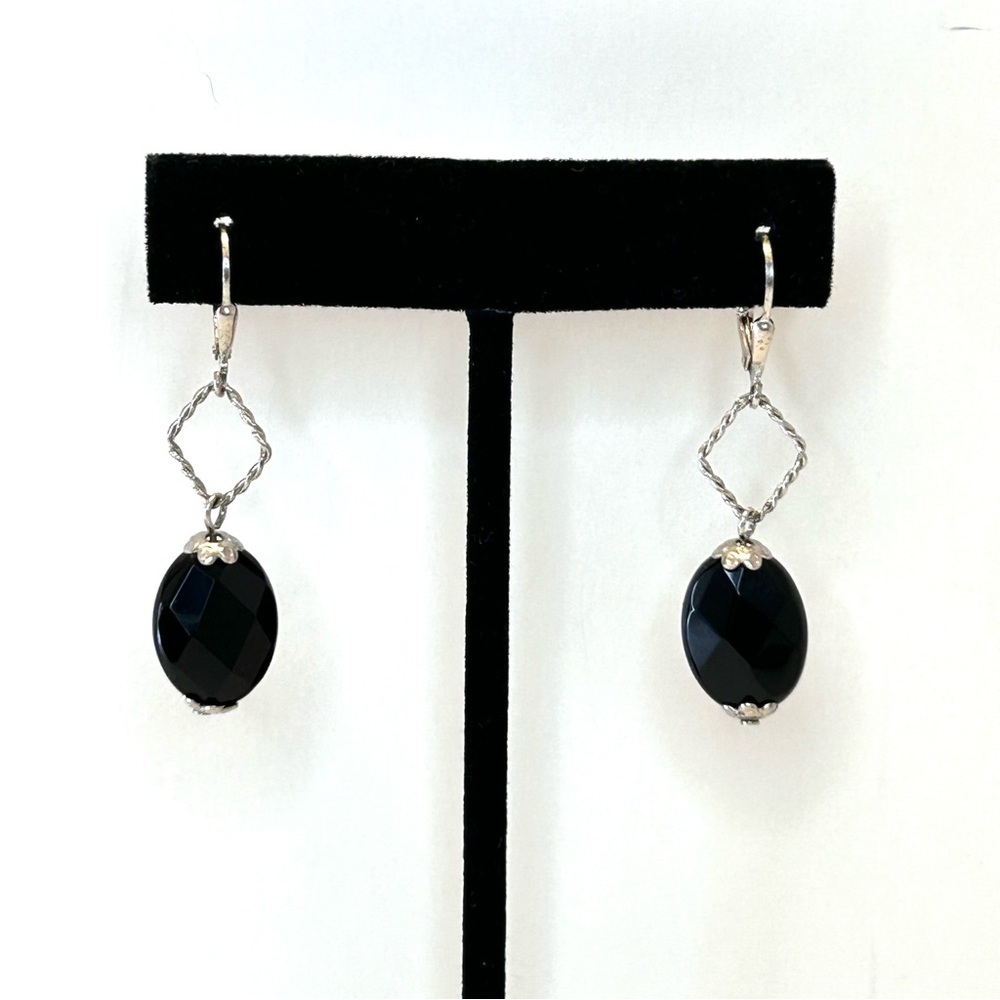 Sterling Silver Facetted Black Stone Drop Dangle Earrings